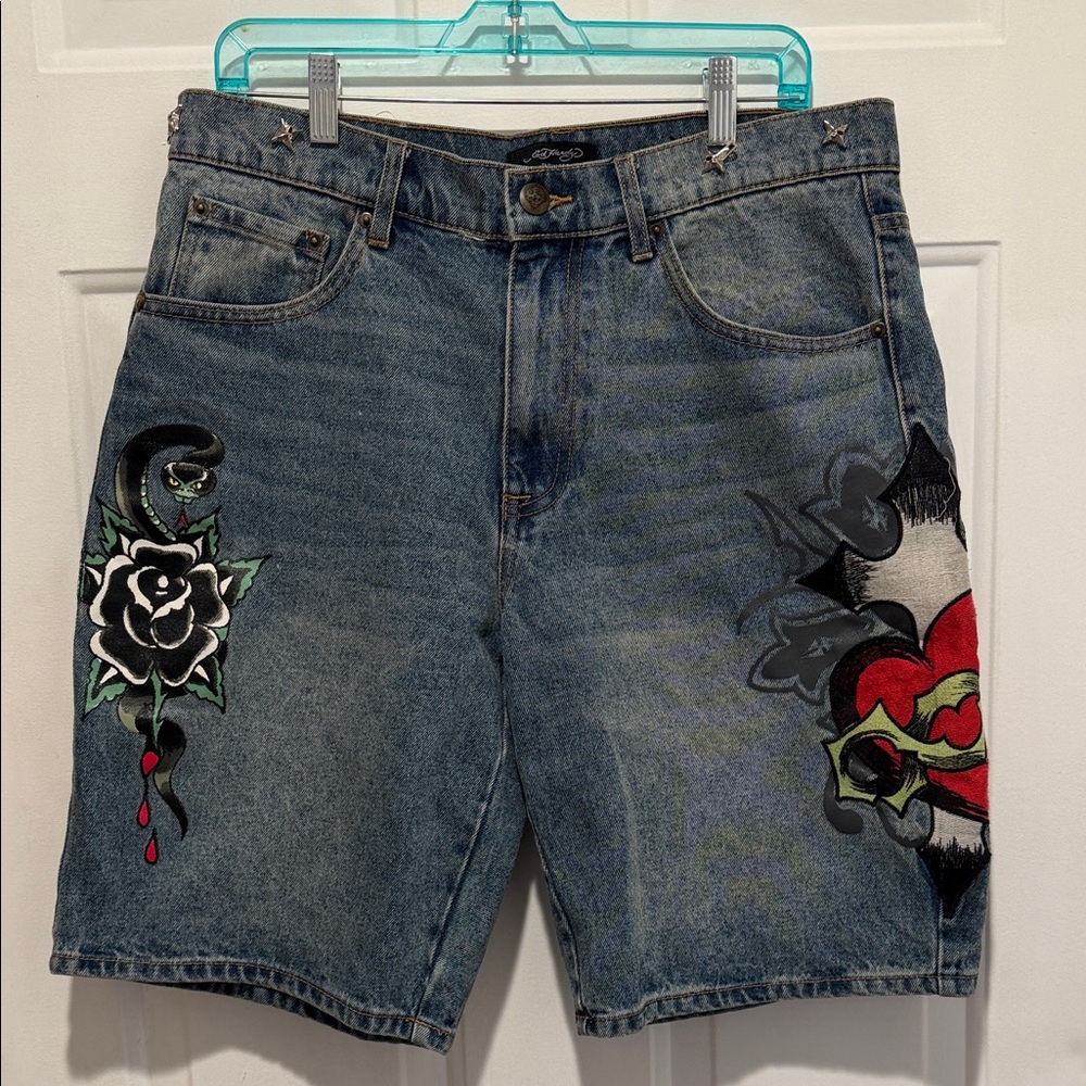 Ed Hardy Sacred Heart Denim Shorts